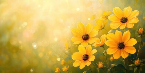 Obraz premium Bright yellow blooming flowers with dark centers bathed in soft warm light creating a peaceful and uplifting atmosphere