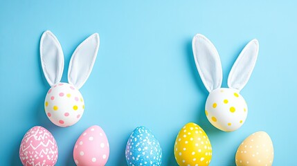 Obraz premium Easter eggs with bunny ears on a light blue background.