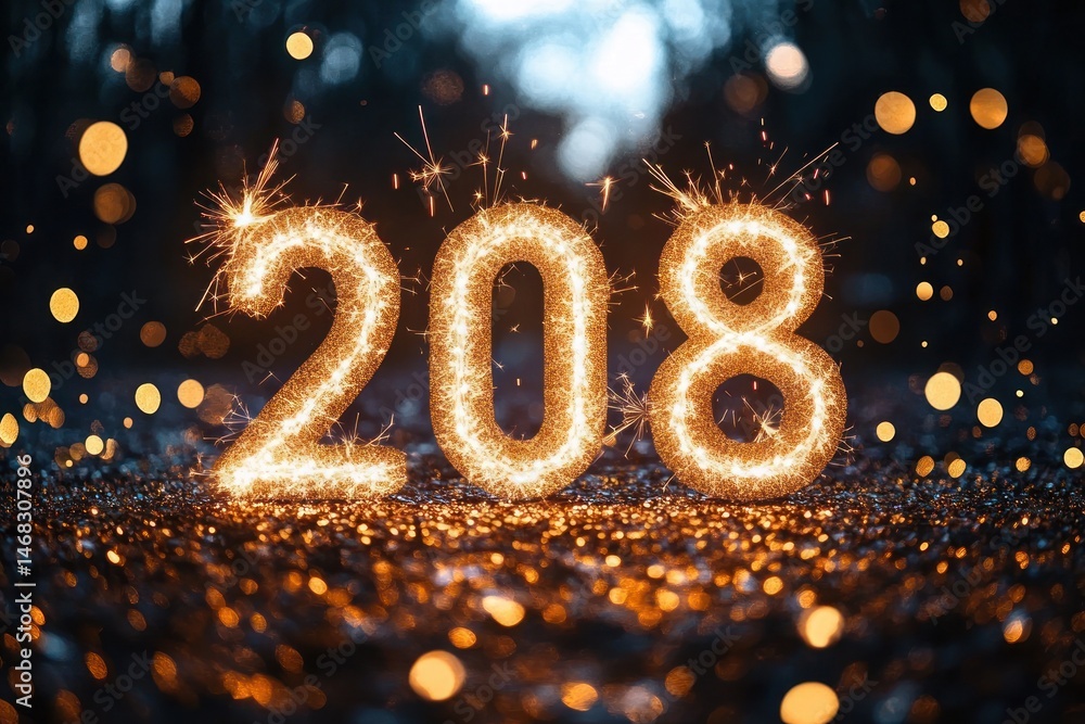 Poster glowing sparkling numbers 208 on a reflective surface with blurred background lights creating a fest