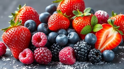 Obraz premium A vibrant mix of fresh ripe strawberries blueberries raspberries and blackberries. food concept