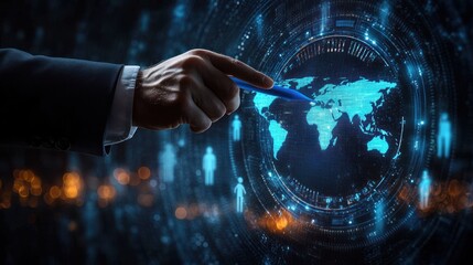 Hand holding a pen pointing at a glowing digital world map surrounded by futuristic holographic icons and data patterns on a dark background