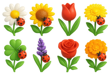 Y2k ladybug and flower icons set &ndash; daisy, sunflower, tulip, clover, lavender, rose, marigold. 3D icon set