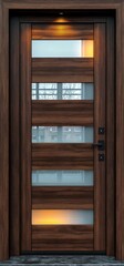 Fototapeta premium Modern wooden front door with horizontal frosted glass panels and warm interior lighting creating a welcoming atmosphere