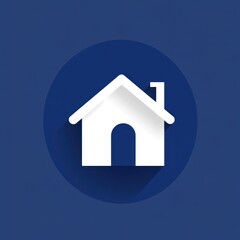 Obraz premium Minimalist white house icon with a chimney on a dark blue circular background casting a subtle long shadow conveying home and security