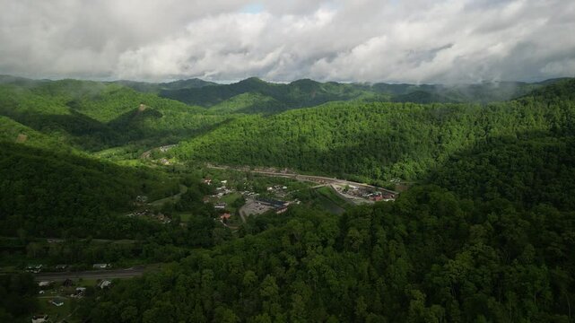 Aerial of rural West virginia and kentucky towns nestled in cumberland mountains