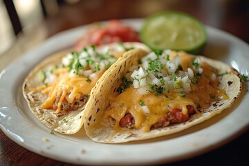 Fototapeta premium Close-up of two soft tacos filled with shredded meat, melted cheese, chopped onions and cilantro on a white plate with a lime wedge and diced tomatoes in the background