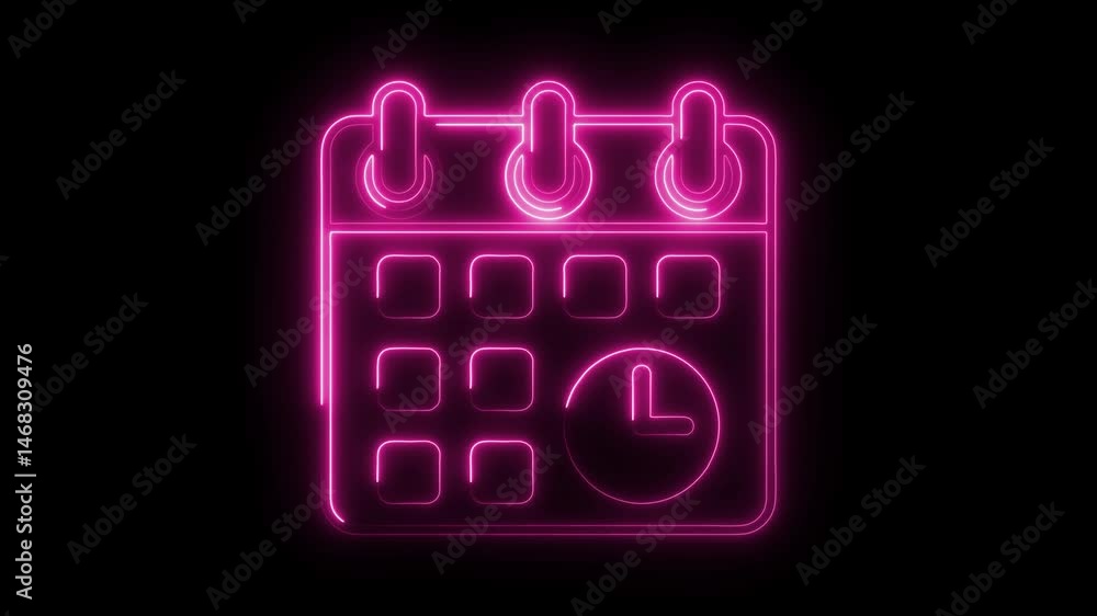 Poster glowing neon calendar with clock icon on black background for schedule and time management