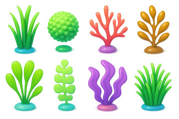 3d ocean flora icons set – seaweed, coral, algae, marine plants, aquatic greens. 3D icon set
