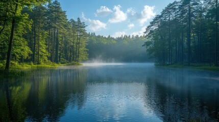 Serene lake nestled within a lush forest, bathed in morning mist