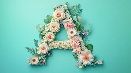 Elegant letter A floral arrangement on light blue background for spring designs