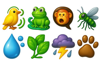 Obraz premium Rainforest sound icons set – bird, frog, monkey, insect, water drop, leaves, storm, paw print. 3D icon set