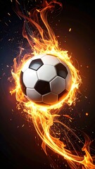Naklejka premium Dynamic soccer ball engulfed in flames, highlighting energy and motion