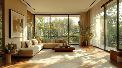 Modern Bright Living Room with Large Windows and Natural Light