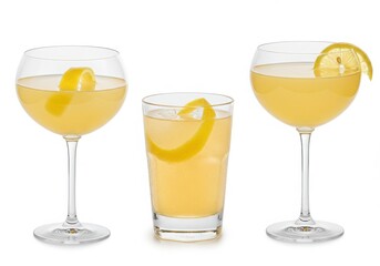Three cocktails with lemon garnish isolated on white background