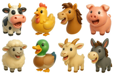 Fototapeta premium Adorable 3d y2k farm animals icons set – cow, chicken, horse, pig, sheep, duck, goat, donkey. 3D icon set