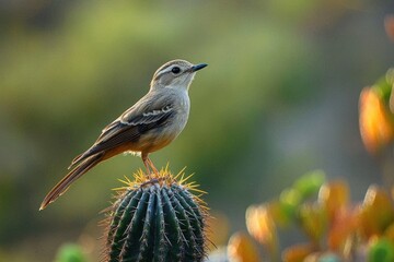 small brown bird perched on top of a green cactus with sharp spines in a natural blurred background