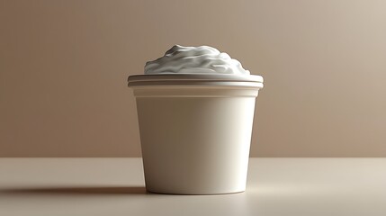Yogurt Container Photo Featuring White Creamy Topping On A Beige Background