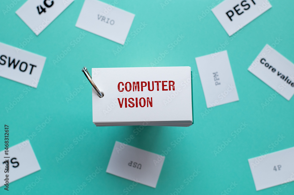 Poster there is word card with the word computer vision. it is as an eye-catching image.