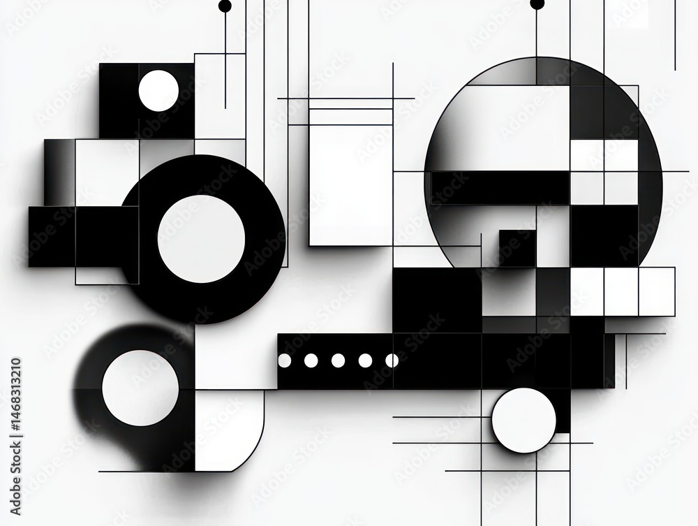 Poster abstract black and white geometric composition with circles, squares, rectangles, and thin lines cre