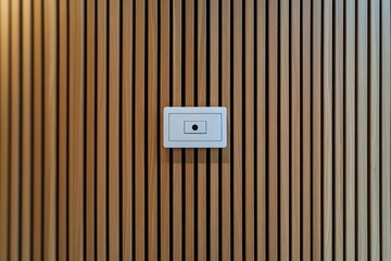 Modern white power outlet mounted on vertical wooden slat wall with even lighting and natural wood texture