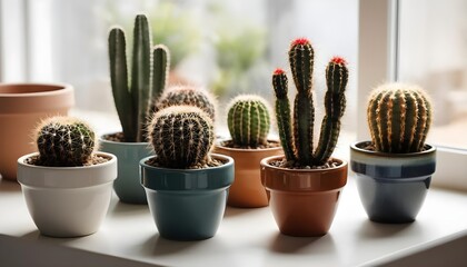 Collection of Cacti in Colorful Pots on Windowsill