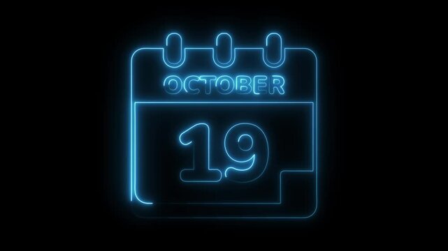 Neon style october 19th calendar date reminder glowing blue outline on black background