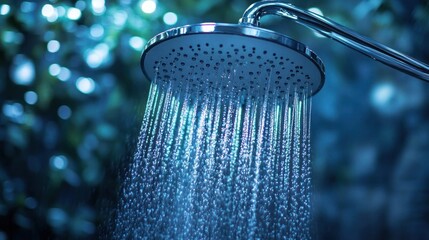 metal shower head releasing steady streams of water droplets in a softly lit environment with blurred background