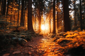 Fototapeta premium Golden sunlight streams through forest trees onto a woodland path.