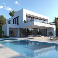 Fototapeta premium Modern, white house with a pool, set in a lush landscape.