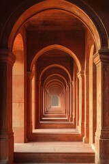 Obraz premium Symmetrical corridor of red stone arches and columns with light at the end creating a sense of depth and calm