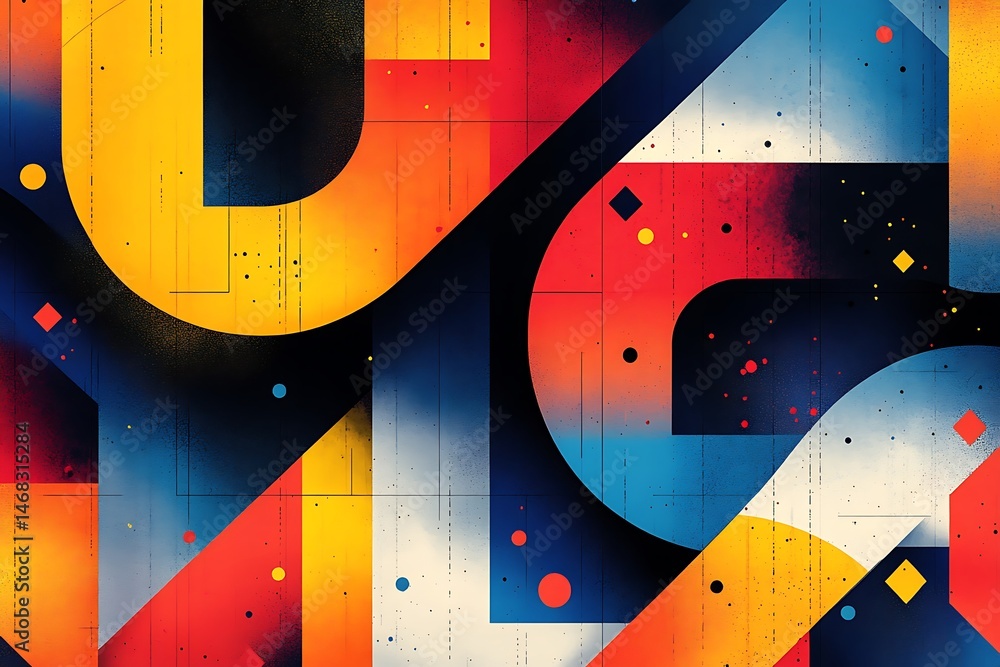 Poster geometric shapes in bold primary colors interlock to create an abstract composition