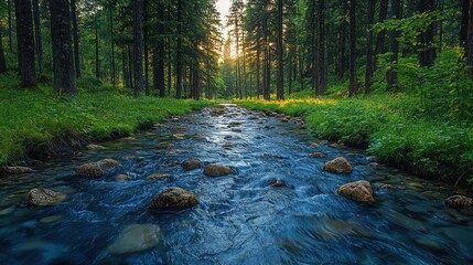 Obraz premium Serene mountain stream flowing through a lush forest at sunrise. Sunlight streams through the trees, illuminating the clear water and vibrant greenery. Rocky riverbed and lush foliage