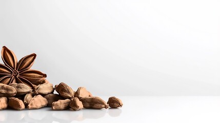 Dried star anise and cardamom pods on a white surface