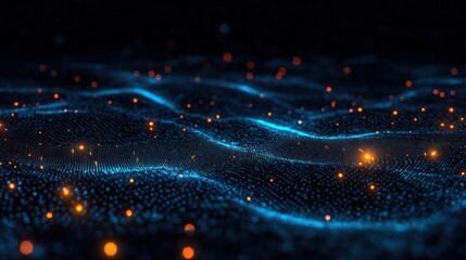 Fototapeta premium Abstract digital landscape with glowing blue grid lines and scattered orange light particles creating a futuristic and dynamic wave effect