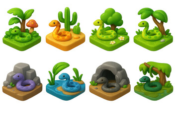 Obraz premium Colorful snake habitat icons set – jungle, desert, garden, cave, rock, water. 3D icon set