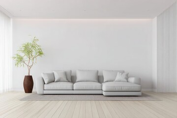 modern living room with wooden floor and large white plain wall