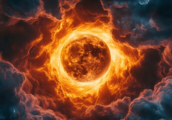 Fototapeta premium Large, glowing red moon surrounded by a cloud of fire