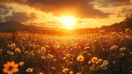 Golden sunset over a field of wildflowers.  A vibrant display of nature's beauty at the end of the day