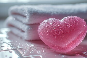 Fototapeta premium A close-up bathroom interior photo of handmade soap and towels in pink heart shape. Generative AI 