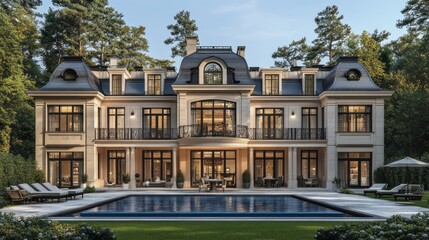 Fototapeta premium Grand European-style mansion with a luxurious pool and gardens.