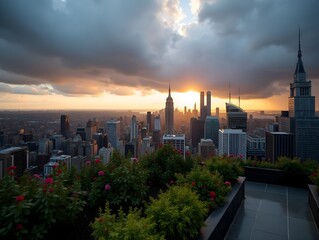 Fototapeta premium Rooftop Garden View of City Skyline at Sunset with Stormy Sky