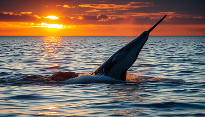 A narwhal whale breaching the water at sunset with dramatic lighting.