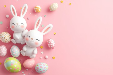 Two adorable easter bunnies with colorful eggs on a pink background.