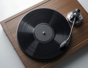High-Angle View of a Stylish Wooden Turntable with a Black Vinyl Record