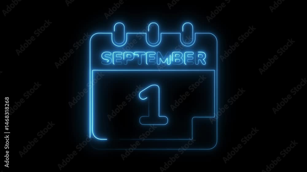 Poster glowing neon calendar displaying september first date on black background animation