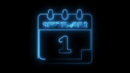 Glowing neon calendar displaying september first date on black background animation
