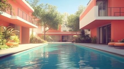 Fototapeta premium Tropical residential complex with a refreshing pool.