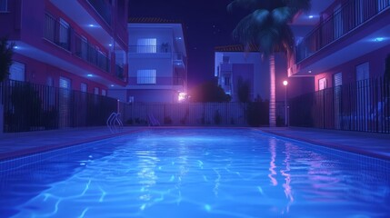 Obraz premium Nighttime pool scene with vibrant neon lighting.