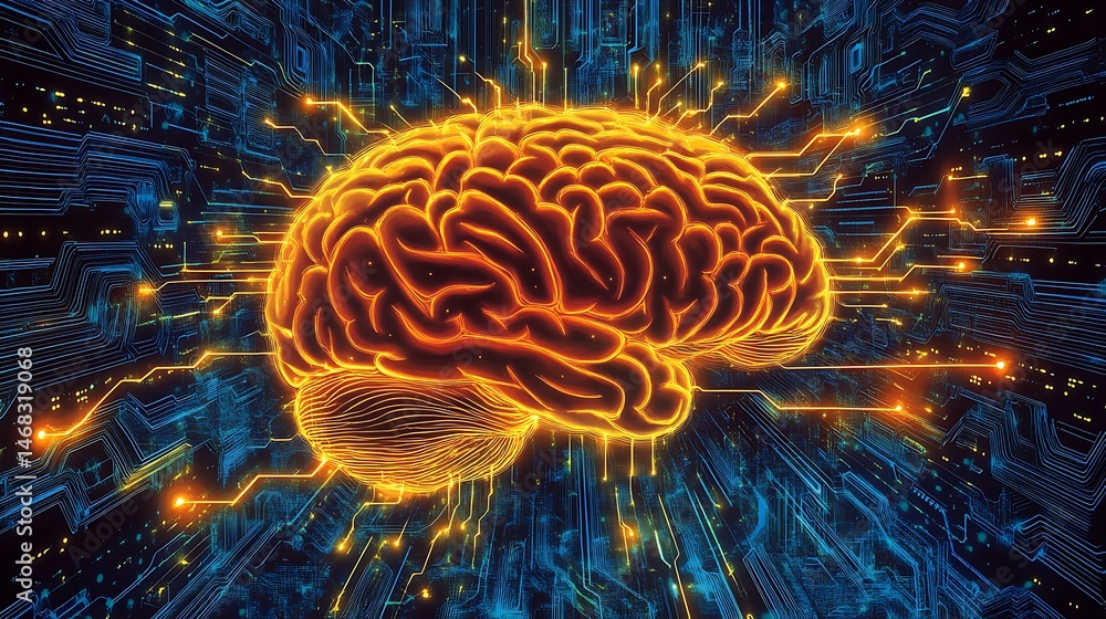 Poster glowing golden brain emits lines of light across a circuit board styled background