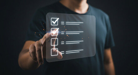 Digital Checklist: Man Holding Transparent Interface Real estate business technology selling purchasing agreement